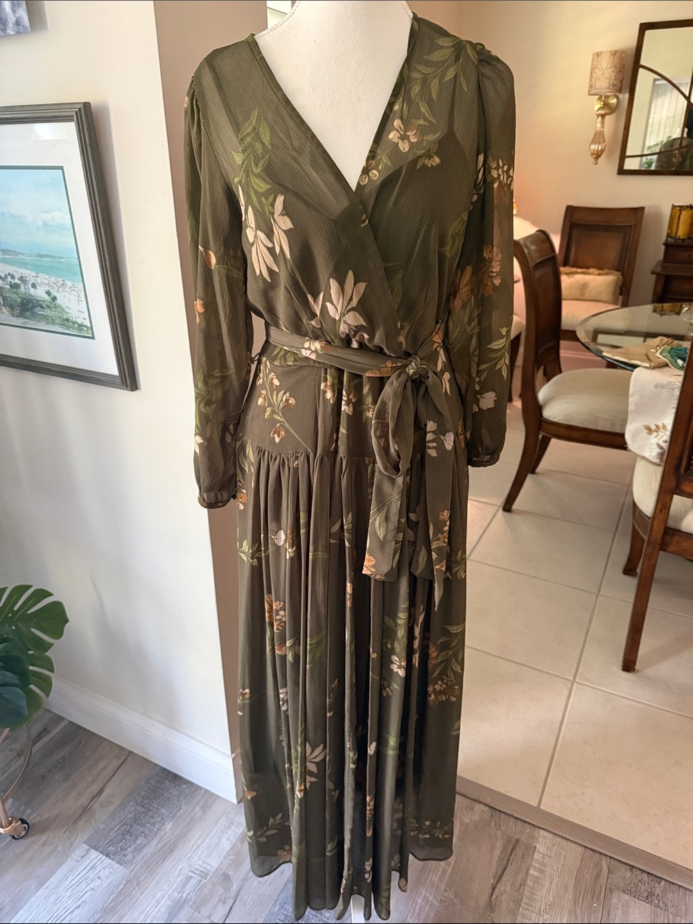 Women’s Olive Green Floral Wrap Maxi Dress